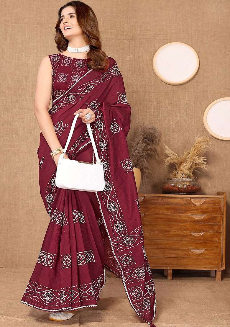 Maroon Bandhani Print Chanderi Saree Set - Indya