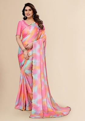 Pink Abstract Print Poly Chiffon Saree Set