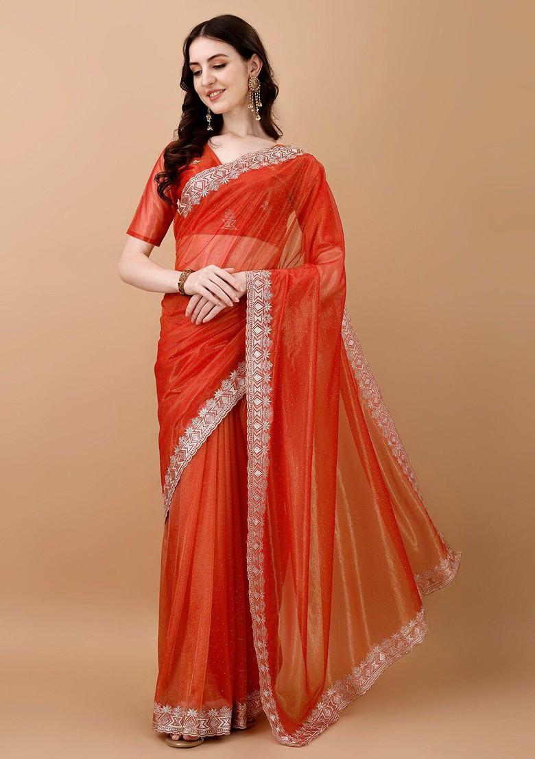 Orange Ethnic Motifs Schiffli Net Saree Set