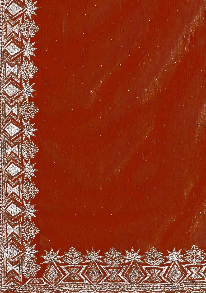 Orange Ethnic Motifs Schiffli Net Saree Set