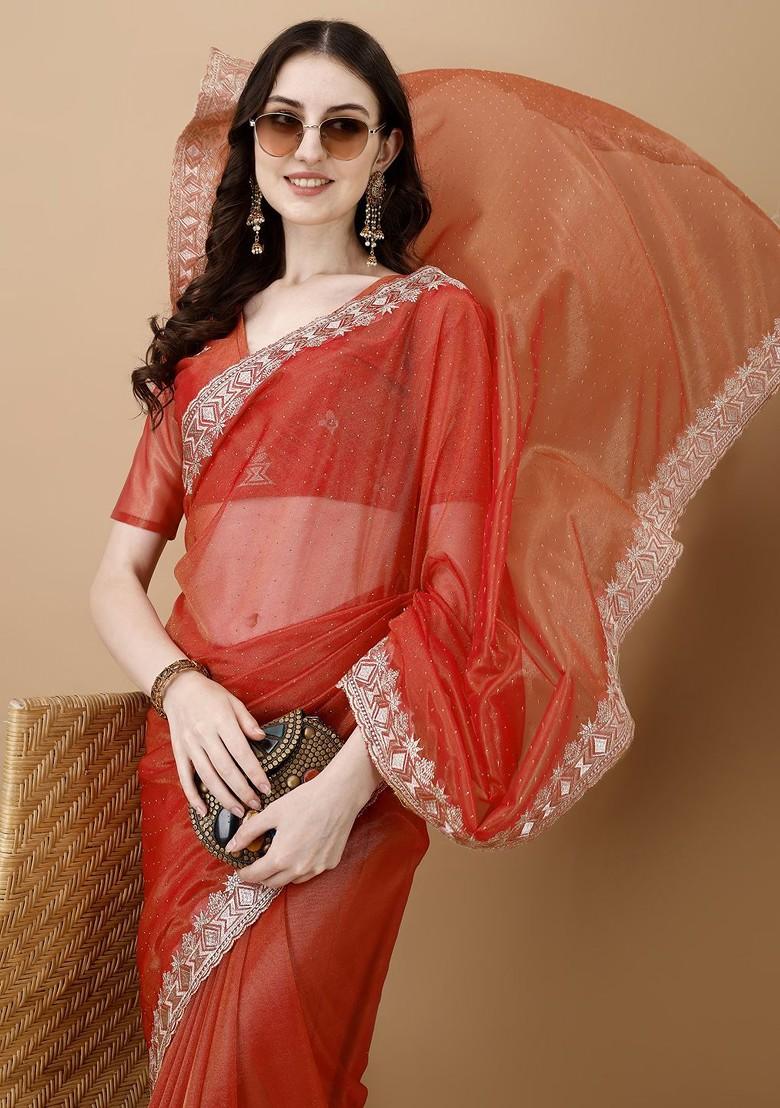 Orange Ethnic Motifs Schiffli Net Saree Set