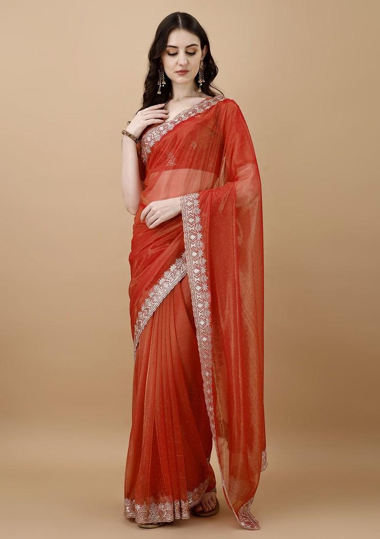 Orange Ethnic Motifs Schiffli Net Saree Set