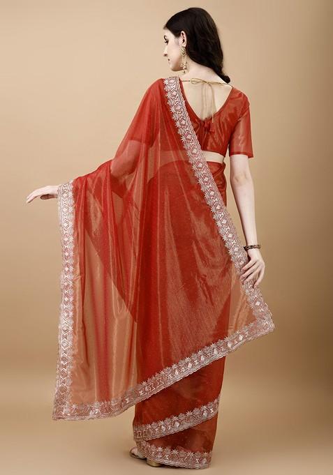 Orange Ethnic Motifs Schiffli Net Saree Set