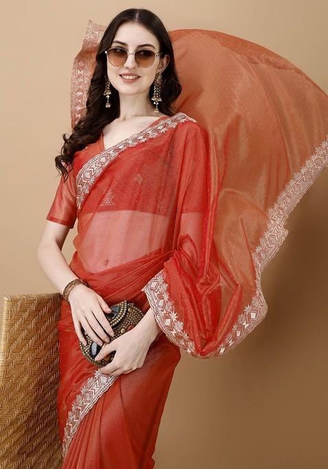 Orange Ethnic Motifs Schiffli Net Saree Set