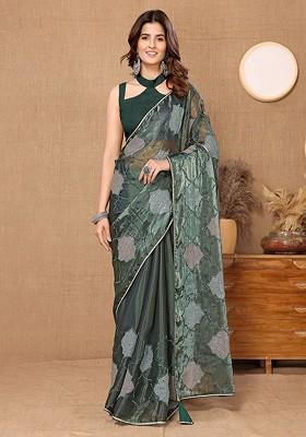 Green Ethnic Motifs Sequin Embroidered Organza Saree Set