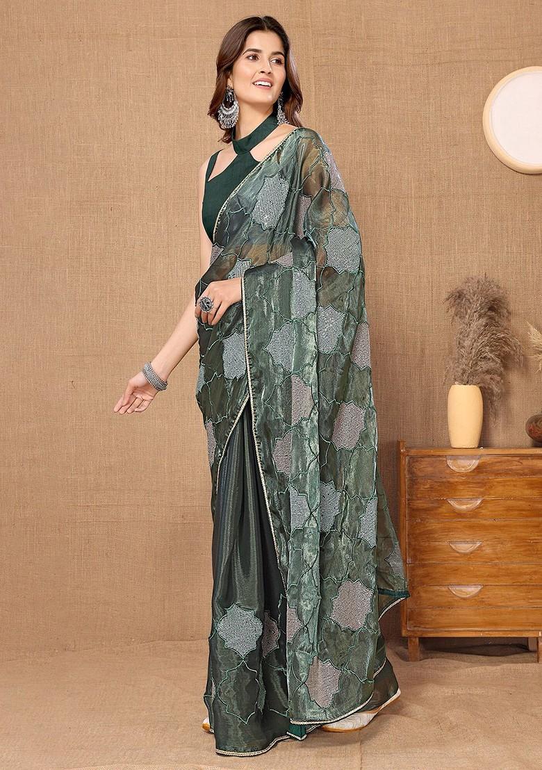 Green Ethnic Motifs Sequin Embroidered Organza Saree Set