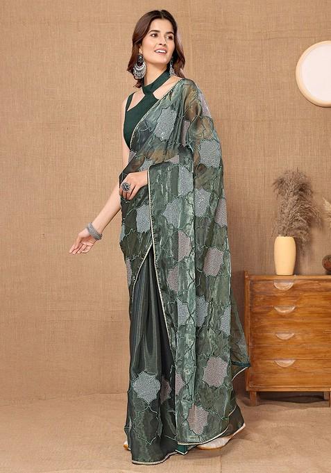 Green Ethnic Motifs Sequin Embroidered Organza Saree Set