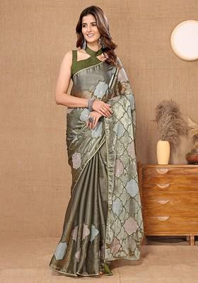 Green Ethnic Motifs Sequin Embroidered Organza Saree Set