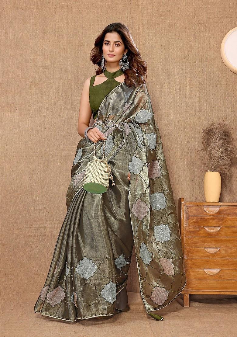 Green Ethnic Motifs Sequin Embroidered Organza Saree Set