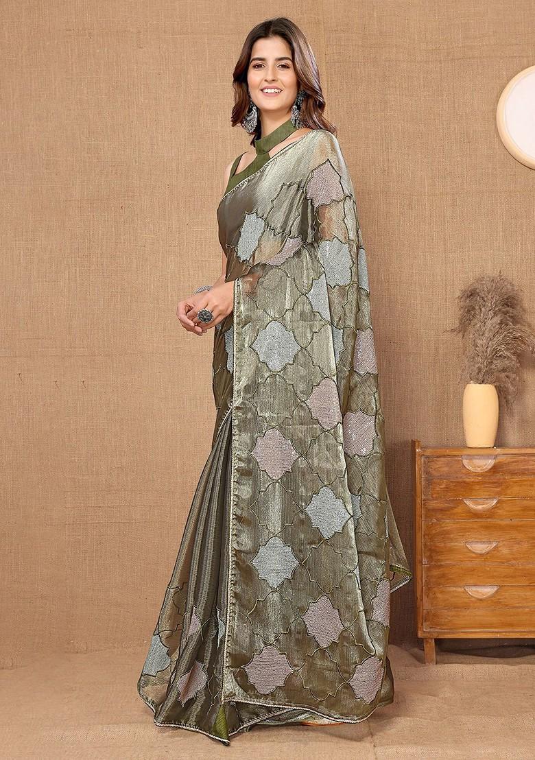 Green Ethnic Motifs Sequin Embroidered Organza Saree Set