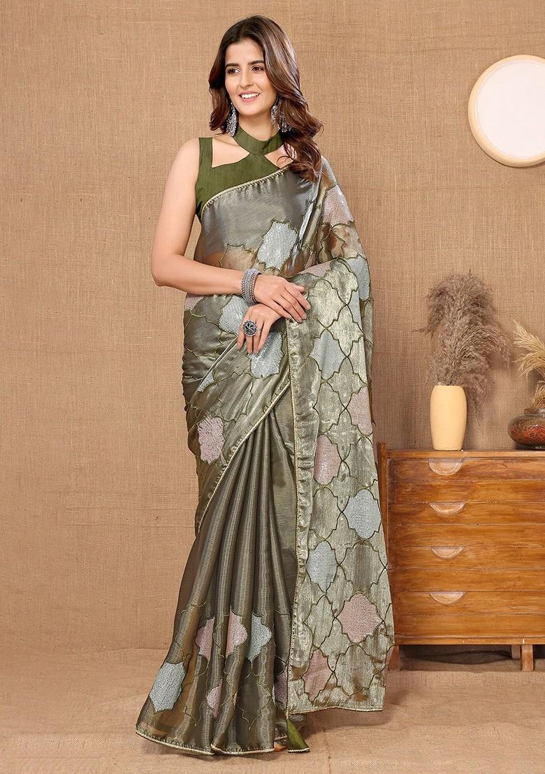 Green Ethnic Motifs Sequin Embroidered Organza Saree Set