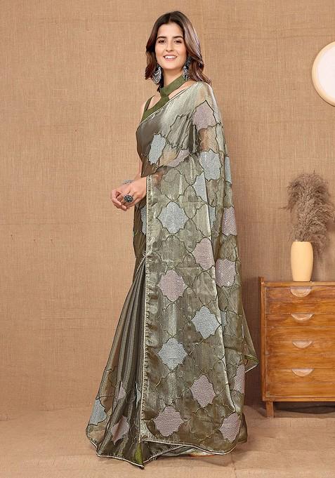 Green Ethnic Motifs Sequin Embroidered Organza Saree Set
