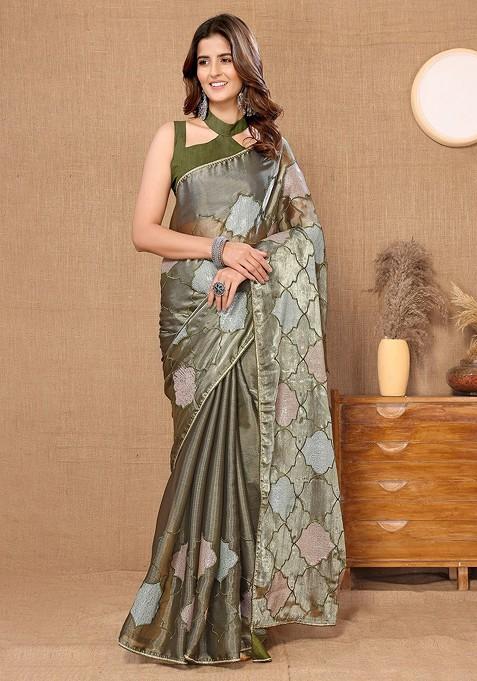 Green Ethnic Motifs Sequin Embroidered Organza Saree Set