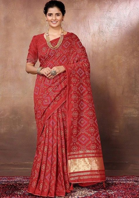 Red Bandhani Print Chanderi Saree Set