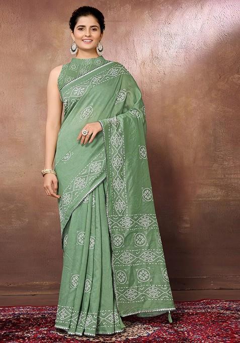 Lime Green Ethnic Bandhani Print Chanderi Saree Set