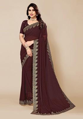 Brown Polka Dot Embroidered Saree Set