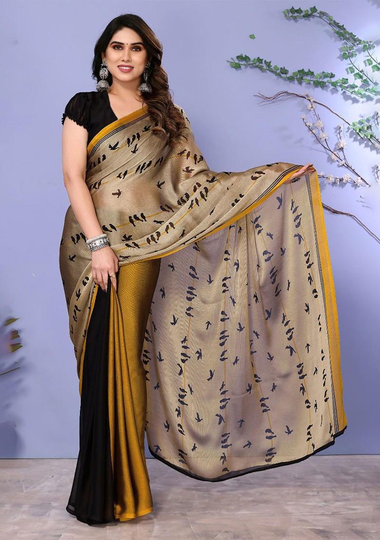 Beige Abstract Print Poly Chiffon Saree Set - Indya