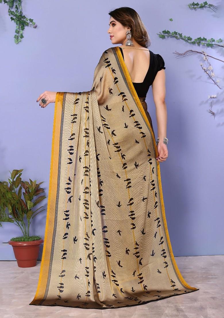 Beige Abstract Print Poly Chiffon Saree Set - Indya