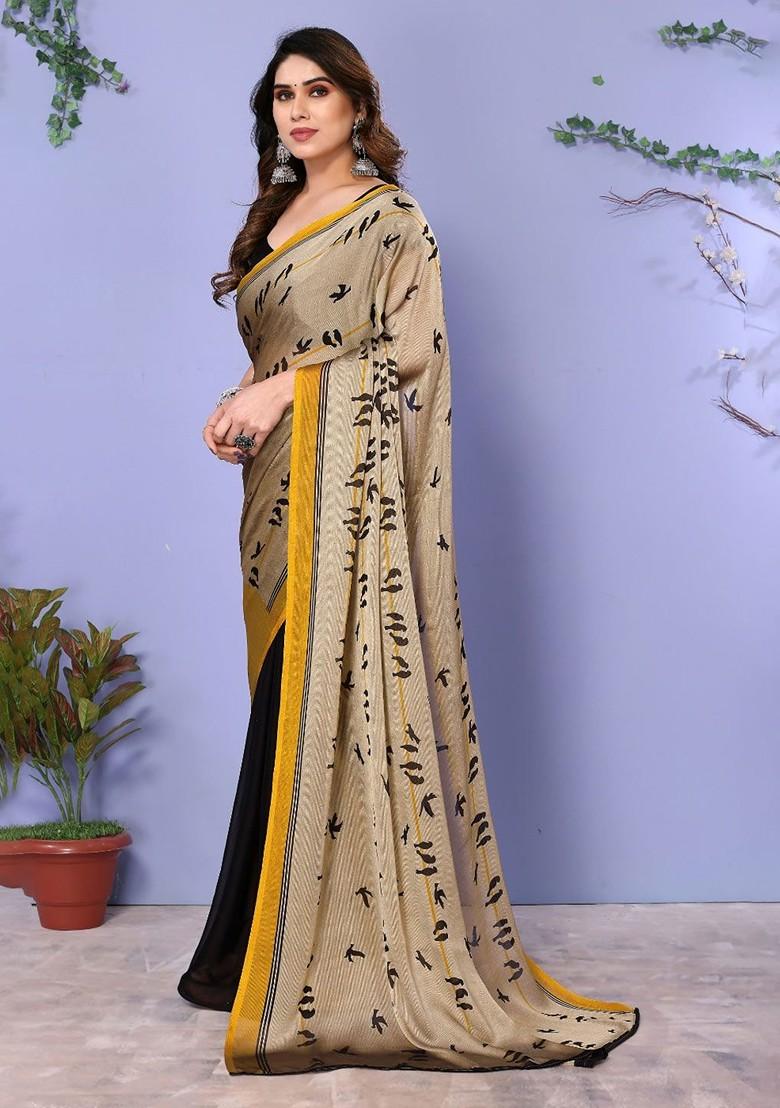 Beige Abstract Print Poly Chiffon Saree Set - Indya