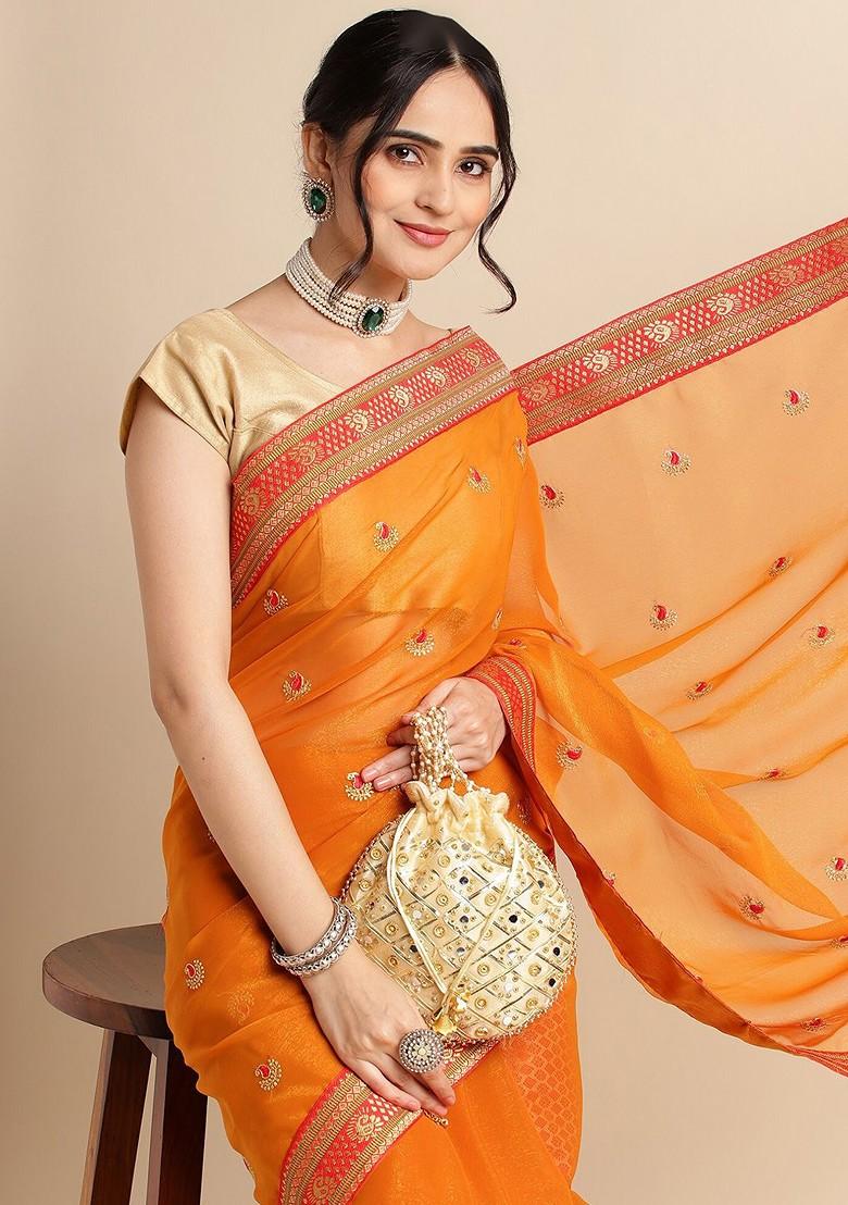Mustard Ethnic Motifs Embroidered Zari Saree Set