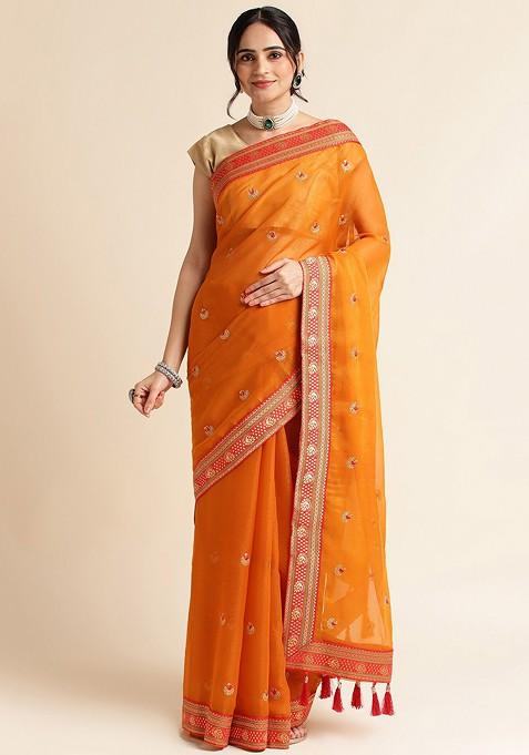 Mustard Ethnic Motifs Embroidered Zari Saree Set