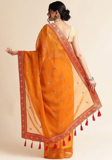 Mustard Ethnic Motifs Embroidered Zari Saree Set
