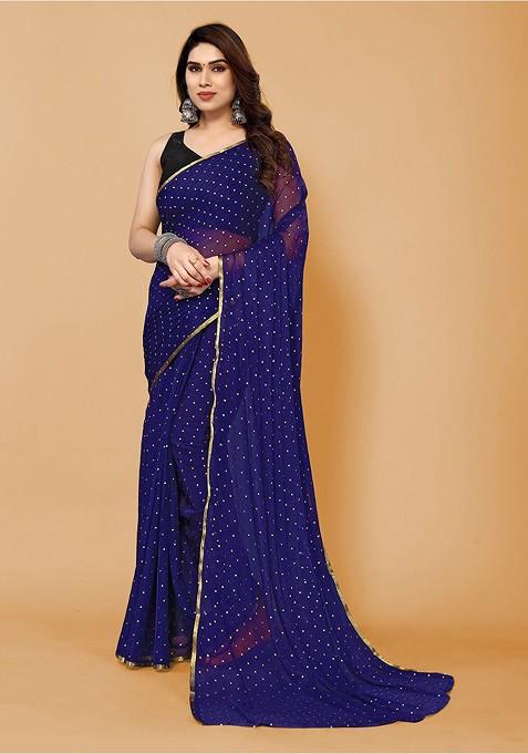 Navy Blue Embellished Zari Poly Chiffon Saree Set