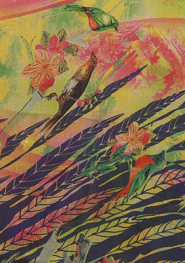 Blue Floral Print Poly Chiffon Saree Set - Indya