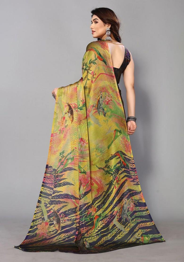 Blue Floral Print Poly Chiffon Saree Set - Indya