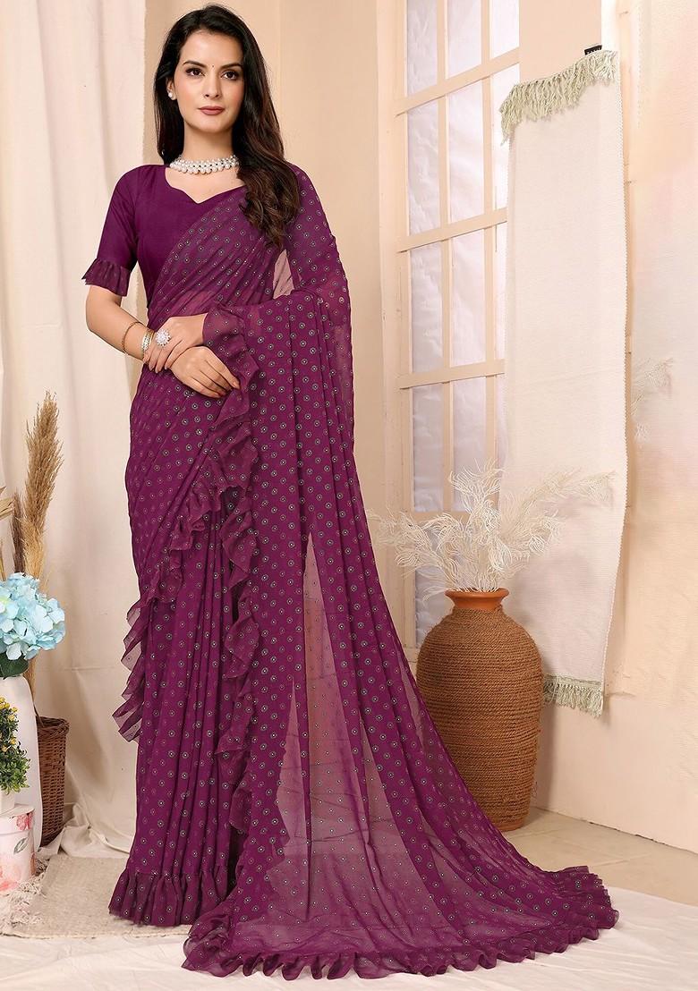 Purple Floral Print Ruffled Saree Set