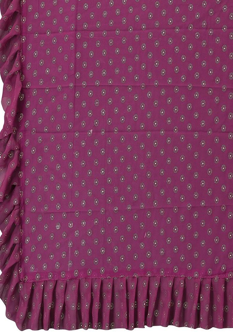 Purple Floral Print Ruffled Saree Set