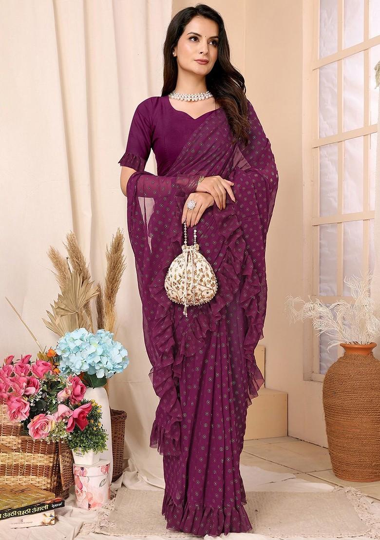 Purple Floral Print Ruffled Saree Set