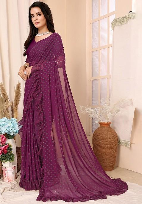 Purple Floral Print Ruffled Saree Set