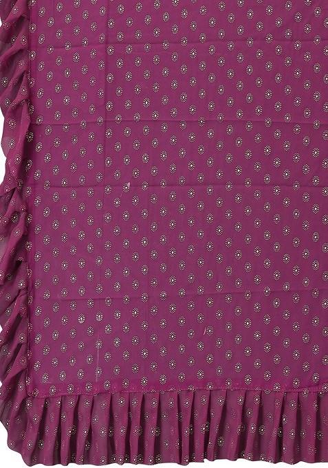 Purple Floral Print Ruffled Saree Set