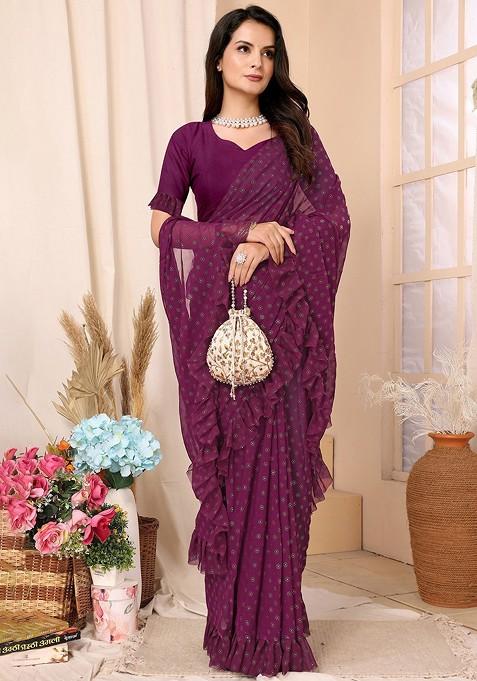 Purple Floral Print Ruffled Saree Set