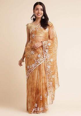 Brown Floral Embroidered Organza Saree Set