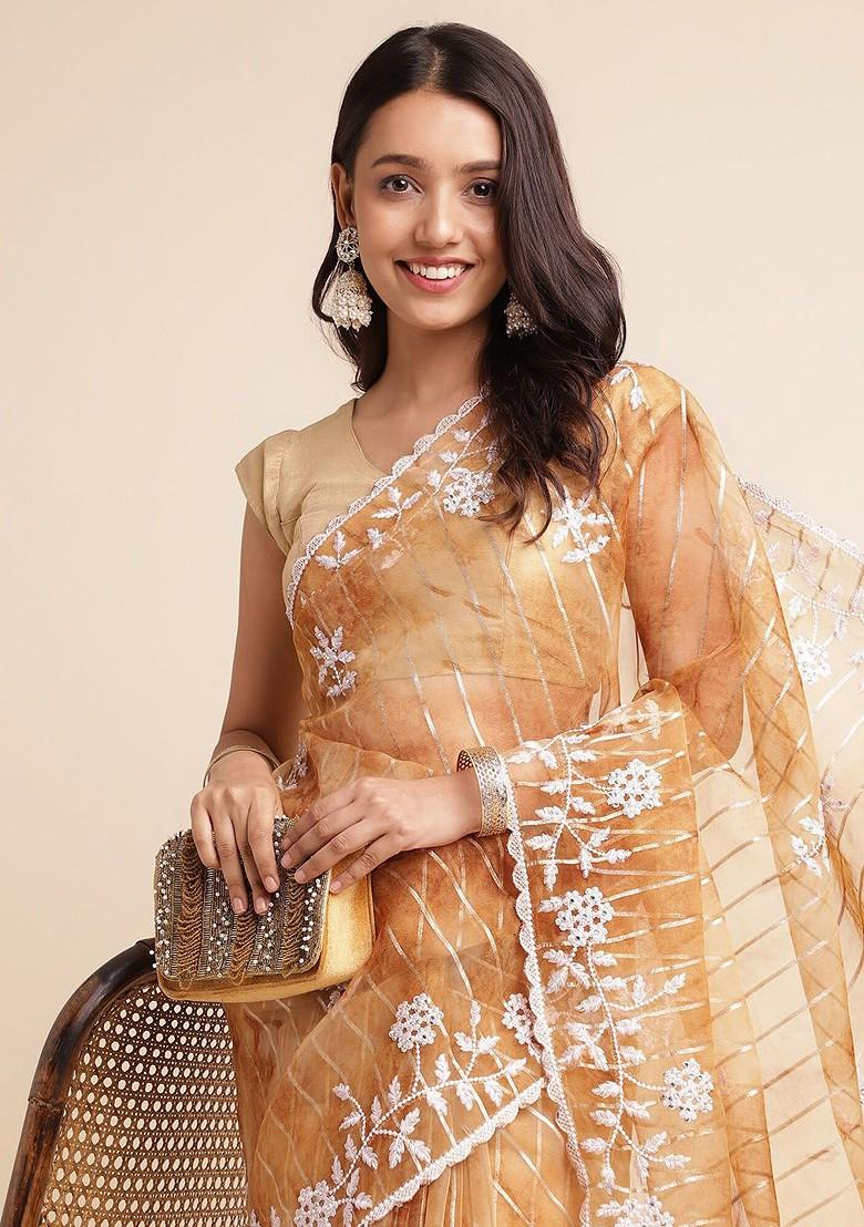 Brown Floral Embroidered Organza Saree Set
