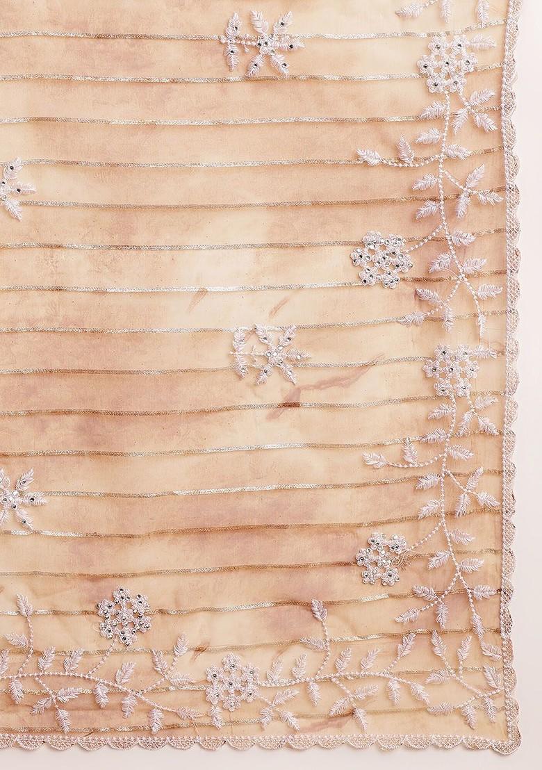 Brown Floral Embroidered Organza Saree Set