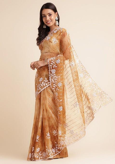 Brown Floral Embroidered Organza Saree Set