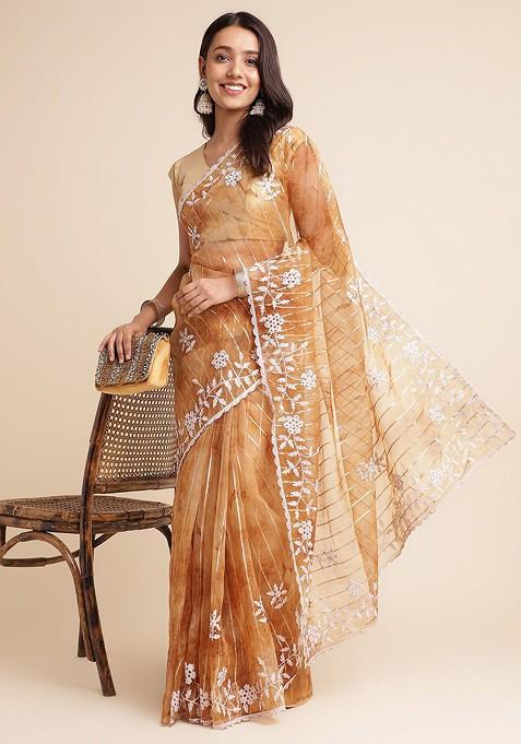 Brown Floral Embroidered Organza Saree Set