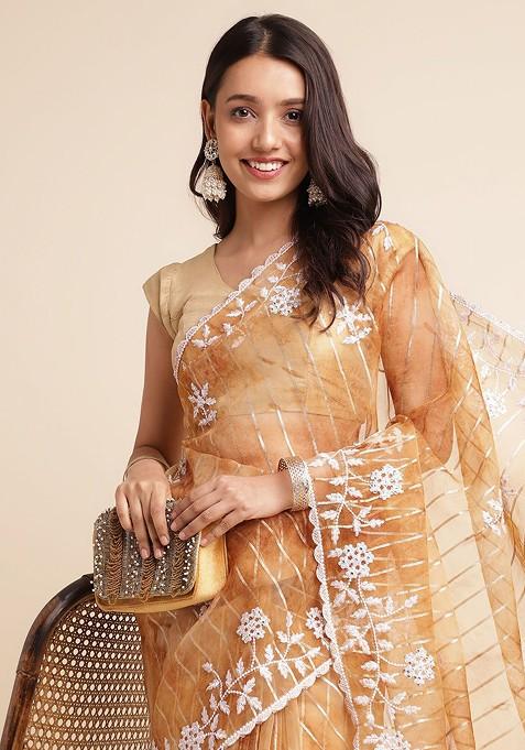 Brown Floral Embroidered Organza Saree Set