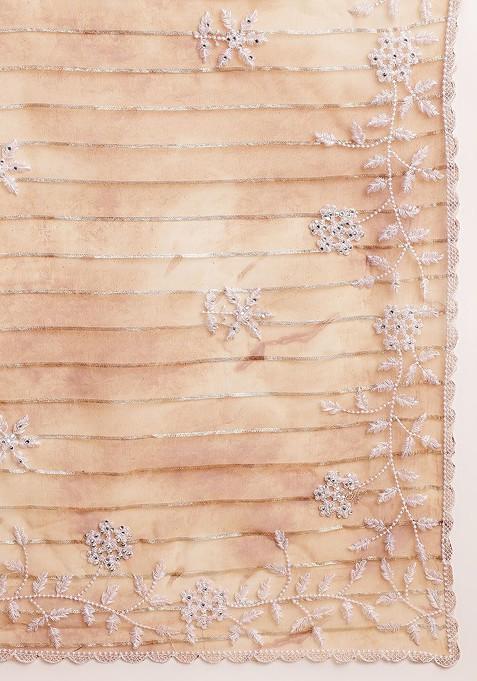 Brown Floral Embroidered Organza Saree Set