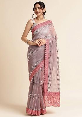 Peach Sequin Embellished Saree Set