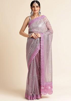 Purple Sequin Embellished Saree Set