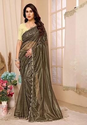 Brown Bandhani Embellished Net Saree Set