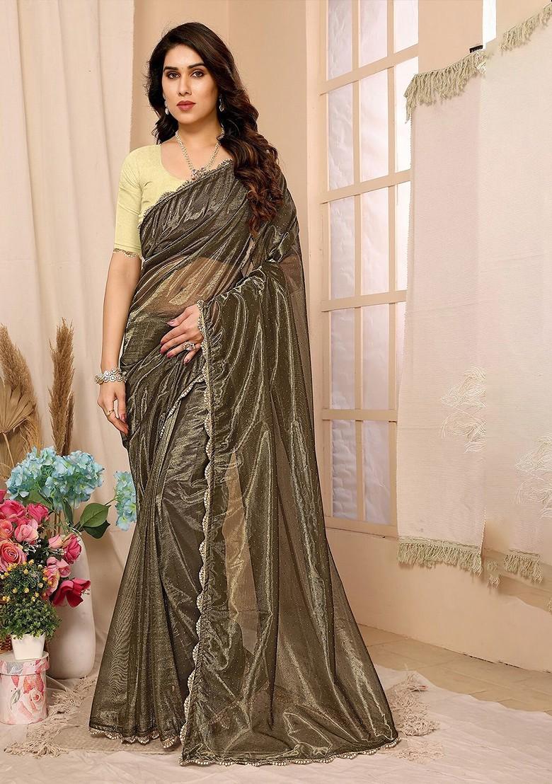 Brown Bandhani Embellished Net Saree Set