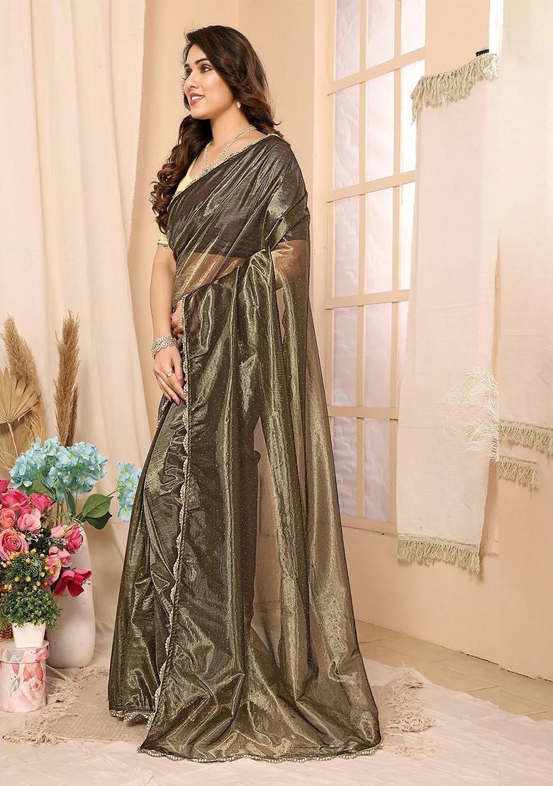Brown Bandhani Embellished Net Saree Set