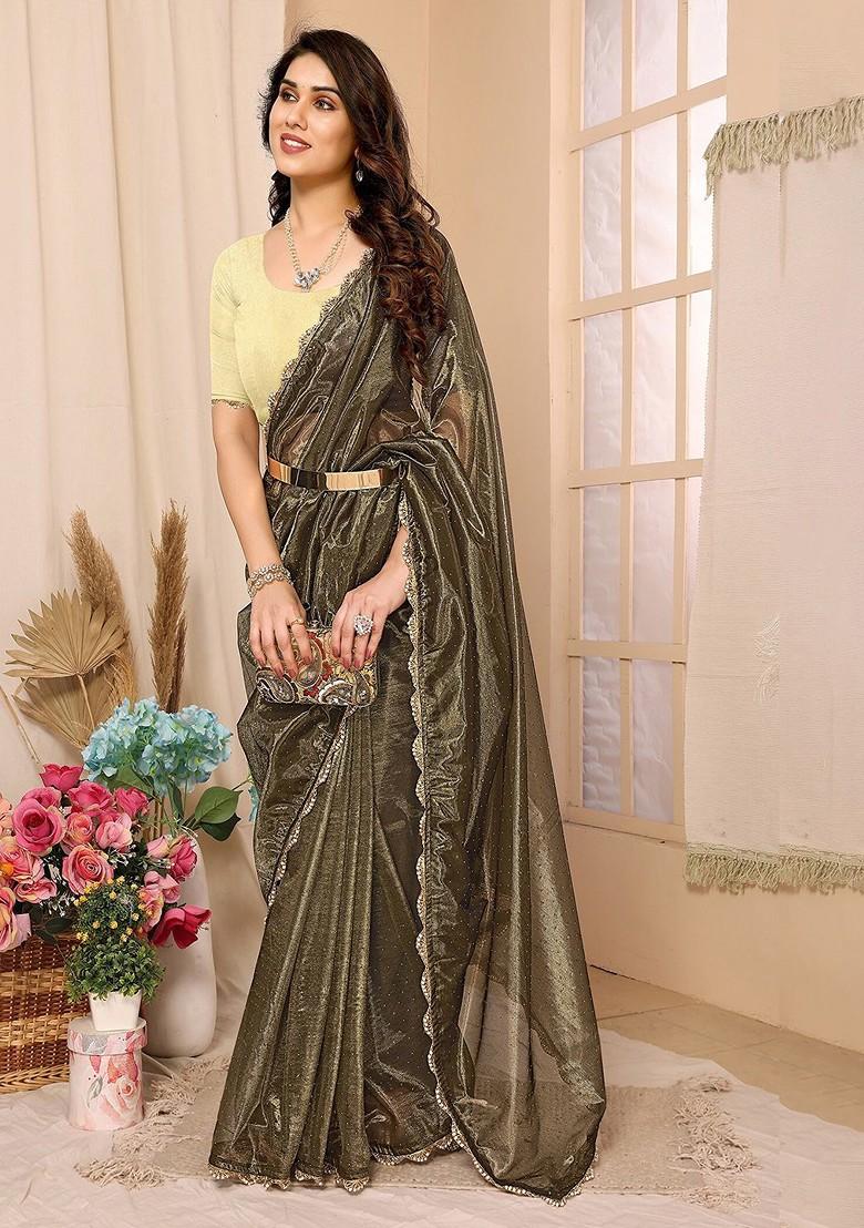 Brown Bandhani Embellished Net Saree Set