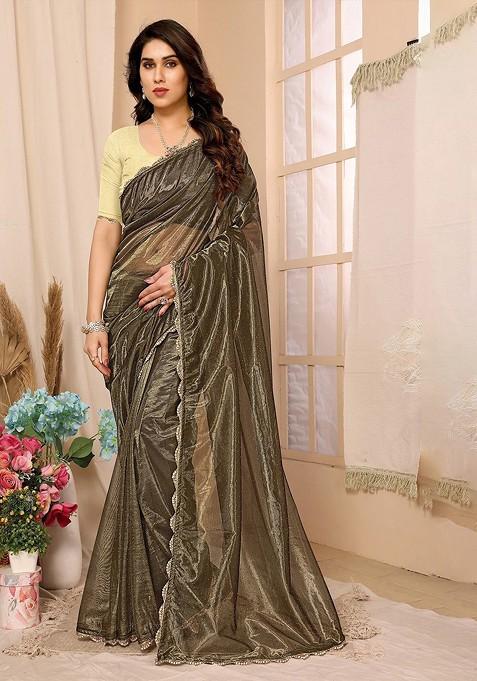 Brown Bandhani Embellished Net Saree Set