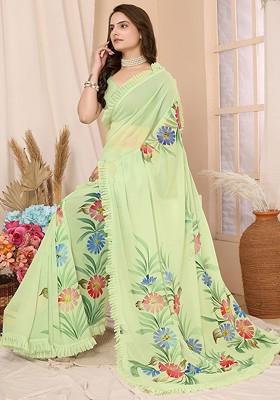 Green Floral Print Ruffled Saree Set